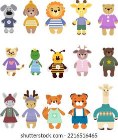 A set of cute cartoon animals. Dog, lion and giraffe, bears and cat, frog and bee, deer and llama, and others. Vector. For children goods, prints and clothes, stickers, postcards and invitations, gend