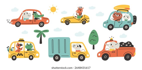 Set of cute cartoon animals driving different cars and trucks. Includes crocodile, giraffe, bear, bunny, koala, elephant, frog, and flamingo. Colorful flat vector on white background