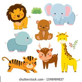 Set Cute Cartoon Animals  Elephant  Lion  Bear  Deer  Giraffe 