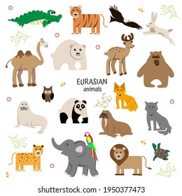 Set of cute cartoon animals eurasia isolated on white background. camel, crocodile, bear, deer, panda, elephant, parrot, lion, turtle, wolf, fox, tiger, owl, jaguar, hare