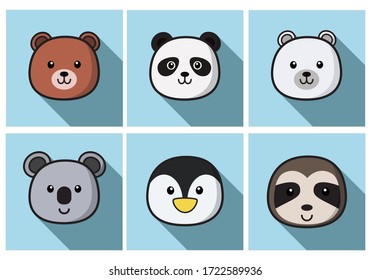 Set Of Cute Cartoon Animals Face Isolated . Vector Flat Design Illustration from Front. Suitable for Web site page, Mobile app and Social Media.