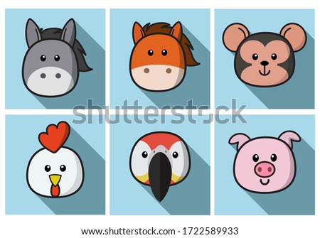 Set Of Cute Cartoon Animals Face Isolated . Vector Flat Design Illustration from Front. Suitable for Web site page, Mobile app and Social Media.