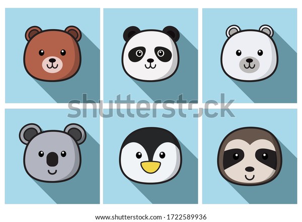 Set Cute Cartoon Animals Face Isolated Stock Vector (Royalty Free ...