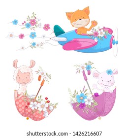 Set cute cartoon animals fox Lama and mouse on the plane and umbrellas with flowers children clipart.