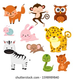 Set of Cute Cartoon Animals, Fox, Monkey, Zebra, Rabbit, Tiger