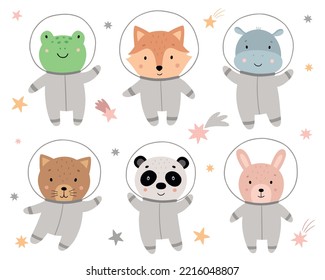 A set of cute cartoon animals: frog, fox, hippo, cat, panda, hare. Funny characters in spacesuits. Vector space illustration