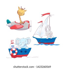 Set of cute cartoon animals giraffe hare and elephant on a sea and air transport, a sailboat plane and a steamship for a child's illustration.