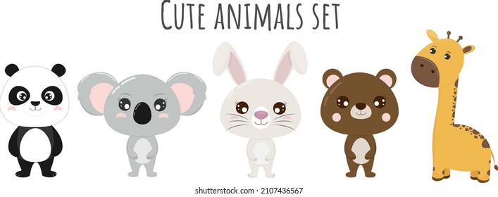 Set of cute cartoon animals. Giraffe, bear, rabbit, panda, koala isolated on white background. Vector illustration