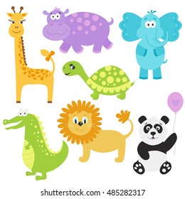 Set of cute cartoon  animals.  Giraffe,  crocodile, elephant, hippo, panda, lion, turtle. Vector illustration isolated on white  background.