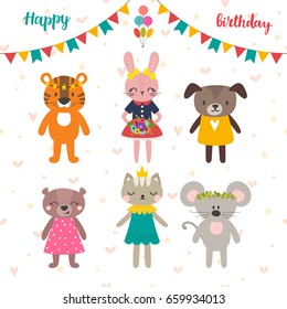 Set of cute cartoon animals for Happy birthday design. Postcard for celebrate. Vector illustration