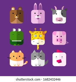 Set of cute cartoon animals head square shape. Bear, rabbit, cow, dinosaur, giraffe, pig, cat, dog, chicken