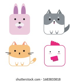 Set of cute cartoon animals head square shape. Rabbit, dog, cat, chicken