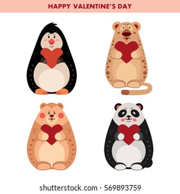 Set cute cartoon animals with heart: panda, bear, penguin and leopard. Valentines day collection for love cards. Vector illustration.