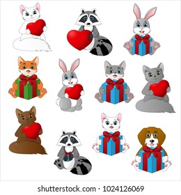 Set of cute cartoon animals holding heart and gift box