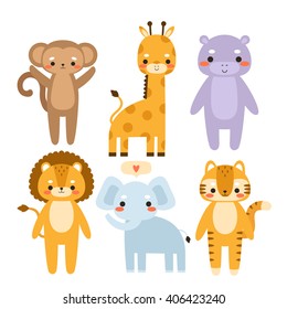 set of cute cartoon animals. Illustration of cute monkey, giraffe, hippo, lion, elephant and tiger. Can be used like stickers or for birthday cards and party invitations