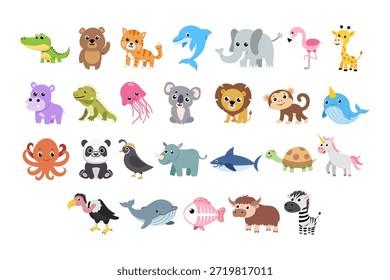 Conjunto de animales de dibujos animados lindos incluyendo criaturas de granja salvaje y mar. Iconos planos coloridos del estilo del Vector aislados en el fondo blanco, perfectos para el diseño de los niños, la educación, los App, los juegos y las pegatinas