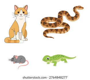 Set of cute cartoon animals including a cat, a snake, a mouse, and a lizard