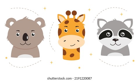 Conjunto de lindos animales de dibujos animados aislados sobre fondo blanco. Girafa, koala y mapache. Ilustración del vector