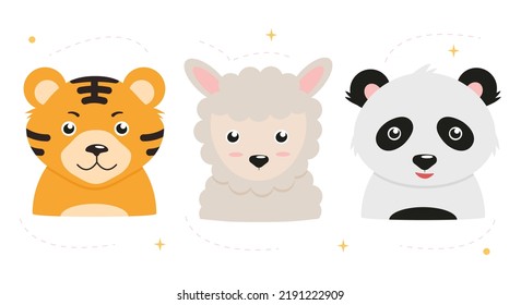 Set of cute cartoon animals isolated on white background.  Llama, tiger and panda. Vector illustration