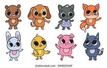 Set of cute cartoon animals. Kawaii pets, wild and farm animals