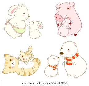 Set of cute cartoon animals in kawaii style. Mothers with babies.  Rabbit, pig, cat and polar bear