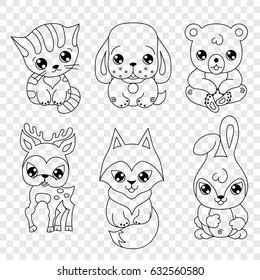 Set of cute cartoon animals in kawaii style. Kitten, puppy, bear, fawn, fox and bunny on isolated background.