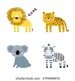 Set of cute cartoon animals. Koala, zebra, cheetah, lion characters. Ready print for nursery, kids book, apparel,cards. Vector Illustration