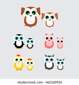 set of cute cartoon animals like hen, chicken, dog, puppy, cat, kitten, pig, piglet and penguin with child isolated on light background