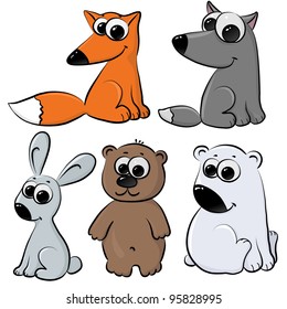 set of cute cartoon animals like fox, wolf, bears, rabbit, isolated on white background