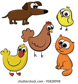 set of cute cartoon animals like chicken, hen, dog, dachshund, cat, duck, isolated on white background