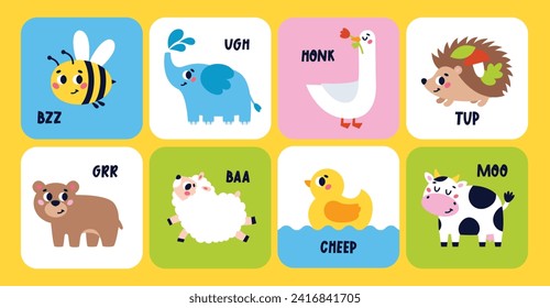 Conjunto de dibujos animados bonitos Animales haciendo sonidos. Tarjetas de educación para el bebé. Tarjetas de llamadas de animales. Onomatopoyía