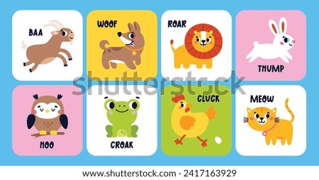 Set of cute cartoon Animals making sounds. Education cards for baby. Animal Talk Cards. Onomatopoeia