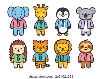 Conjunto de bonitos animais de desenho animado em trajes de escritório - elefante, girafa, pinguim, coala, ouriço, tigre, leão e preguiça vestindo camisas e gravatas