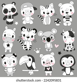 Set of Cute Cartoon Animals on a gray background