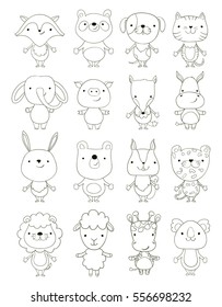 set of cute cartoon animals outlines. vector