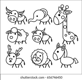 set of cute cartoon animals outlines vector, Coloring book for children