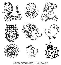 Set of cute cartoon animals and plants: snake, flower, mushroom, owl, hedgehog, chick, sunflower, ladybug. Black and white hand-drawn ink graphics. Vector illustration.