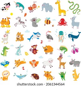 Set of cute cartoon animals. Preschool educational poster. Lion, tiger, elephant, frog, alpaca, x-ray fish, butterfly, goat