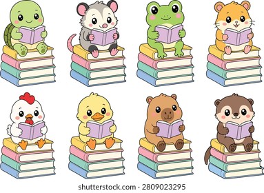 Set of cute cartoon animals reading books. Adorable turtle, opossum, frog, hamster, chicken, duckling, capybara, and otter sitting on stacks of books.