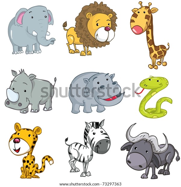 Set Cute Cartoon Animals Rhinoliongiraffeelephanthipposnakeleopardzebra ...