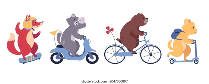 A set of cute cartoon animals riding different means of trasportations. Includes a fox on a skate, a cat on a motorbike, a bear on a bicycle, and a dog on a kick scooter. Flat style vector