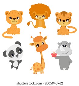Set of cute cartoon animals safari lion, leopard, tiger, rhino, giraffe, panda