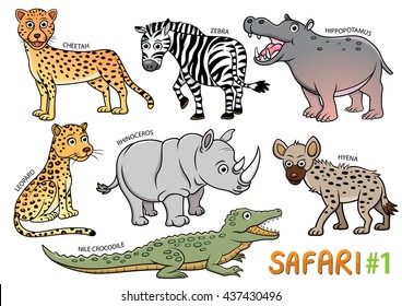 Set of Cute cartoon Animals and in the safari areas isolated on white background.