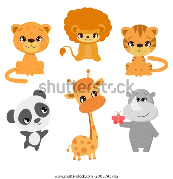 Set Cute Cartoon Animals Safari Lion Stock Vector (Royalty Free ...