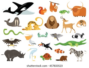 Set of cute cartoon animals, snakes, birds, fishes inhabiting planet earth. Vector eps 10 format