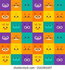 Set cute cartoon animals in a square shape. A bright pattern, print or poster with animal faces. A cards for developmental games. Vector illustration Square icons for apps or games.