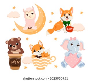 Set of Cute Cartoon Animals. Stickers with fox, bear, dog, sheep and elephant. Colorful characters with heart moon and cups. Cartoon flat vector icon collection isolated on a white background