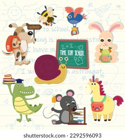 Set of cute cartoon animals study English at school. Funny horse, clever rabbit, kind crocodile, little mouse and dog stickers for print. Happy zoo pupil characters. Colorful flat vector illustration