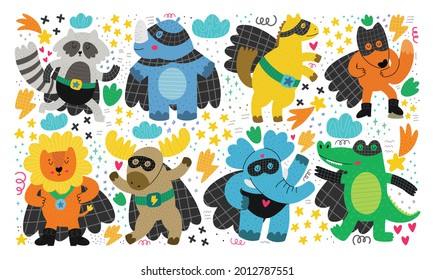 Conjunto de lindos animales de dibujos animados. Ilustración animal de super héroe. Clipart vector aislado en fondo blanco.