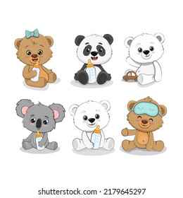 Set of cute cartoon animals. Teddy bear, polar bear, little panda, baby koala for invitations, cards, banners and labels. Vector illustration